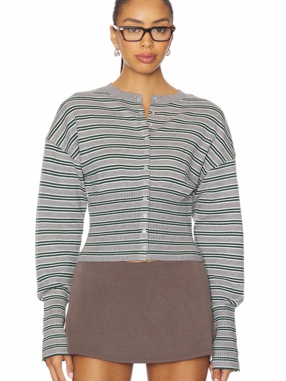 Lioness Gray and Green Striped Button-Up Cardigan